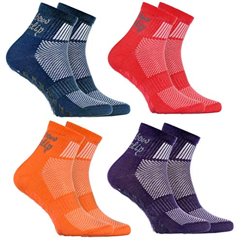 Rainbow Socks - Niño Niña Deporte Calcetines Antideslizantes ABS de Algodón - 4 Pares - Jeans Violeta Naranja Rojo - Talla 24-29