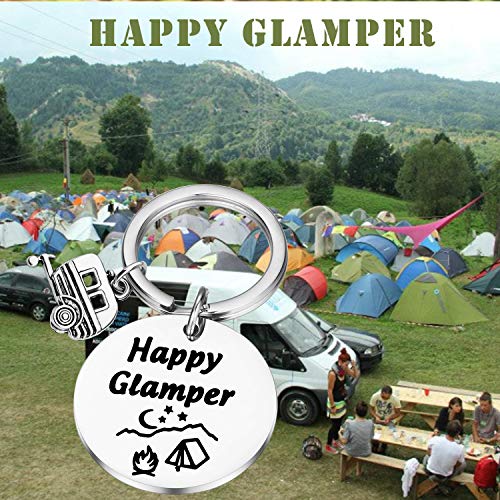 Regalos de camping RV Camper regalos Happy Glamper llavero con encanto de remolque de camping para amante de campista al aire libre viajero remolque Wanderlust regalos, M, Acero inoxidable,