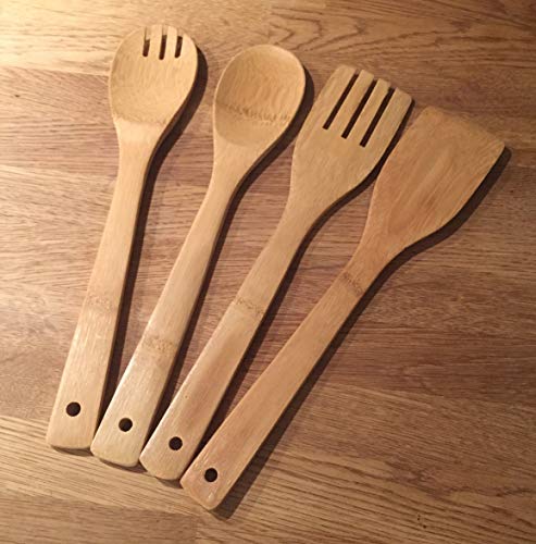 Relaxdays 10014471 - Set de 4 cucharas de cocina y soporte, bambú