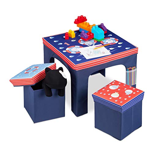 Relaxdays Mobiliario Plegable, Taburetes de Almacenamiento, Mesa Infantil, Azul, DM, plástico y gomaespuma, 48 x 59,5 x 59,5 cm