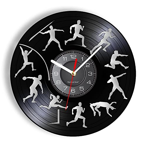 Reloj de pared de vinilo deportivo de decatlón, con salto alto, con salto largo, con jabalina, lanzamiento, grabado, arte deportivo, música de regalo