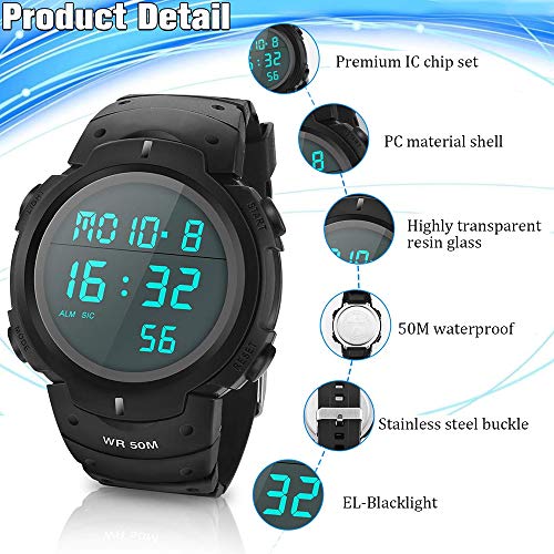 Reloj Deportivo Digital Impermeable electrónico, Estilo Militar y Moderno Reloj Negro para Hombre