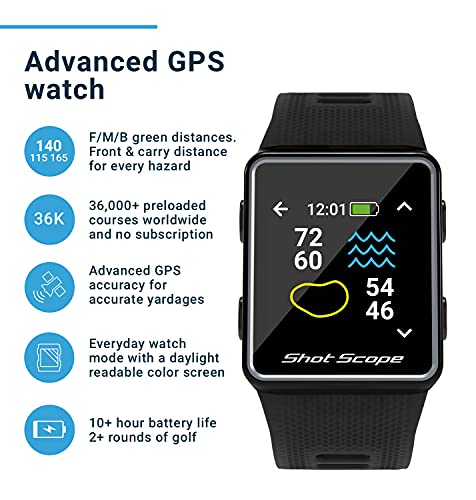 Reloj GPS Shot Scope G3 - F / M / B + Distancias de Peligro - Aplicaciones iOS y Android - Pantalla a Color - Más de 36.000 cursos precargados - Sin suscripciones
