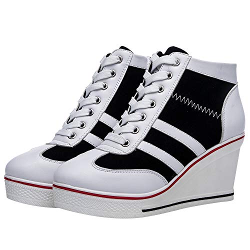 rismart Mujer Tenis de Lona con Tacon Cuña Zapatillas Sneakers Plataforma Alta Altos Zapatos SN02513(Blanco Negro,36 EU)