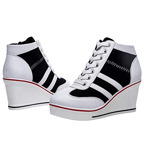 rismart Mujer Tenis de Lona con Tacon Cuña Zapatillas Sneakers Plataforma Alta Altos Zapatos SN02513(Blanco Negro,36 EU)