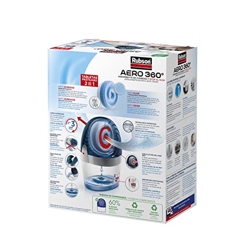Rubson AERO 360º Deshumidificador recargable sin cable, absorbe humedad, previene la condensación y los malos olores, antihumedad absorbente, dispositivo y tableta (450 g)