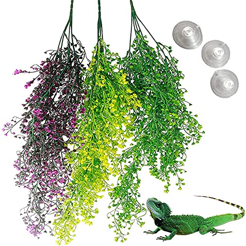 Ruiqas Paquete de 3 Plantas Artificiales Colgantes de Plástico de Enredadera Plantas de Terrario de Escalada de Reptil con Ventosa Planta de Decoración de Mascotas