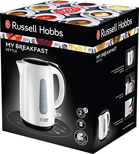 Russell Hobbs Hervidor de Agua Eléctrico My Breakfast - 2200W, 1,7 litros, Plástico, sin BPA, Filtro Extraíble, Blanco y Negro - 25070-70