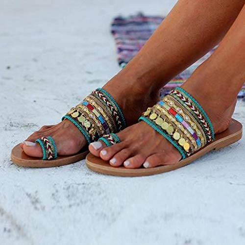 Sandalias Mujer Verano 2019 SHOBDW Zapatos Planos Sandalias Artesanales Chanclas Sandalias Boho Flip Flop Hechas A Mano De Estilo Griego Tallas Grandes(Verde,EU37)