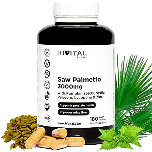Saw Palmetto 3000 mg. 180 cápsulas veganas para 3 meses. Para la Próstata y la Salud Urinaria. Con Serenoa Repens (Sabal Serrulata), Semillas de Calabaza, Ortiga, Pygeum Africanum, Licopeno y Zinc