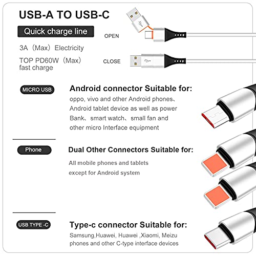 SDBAUX 3A/1.2M Multi Cable 6 en 1, USB A/USB-C a 2 iP Micro USB Tipo-C Cable de Carga Rápida de Puerto, Compatible Teléfono Inteligente, Samsung Galaxy S21 S20, Google Pixel 4 XL, LG G8 V35, PS5, Oppo