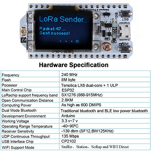 Seamuing ESP32 LoRa Desarrollo Junta SX1276 868 915MHZ Wifi Módulo IoT Placa Dual Core 240MHz Bajo Consumo de Energía con 0.96 "Pantalla OLED y Antena para Arduino