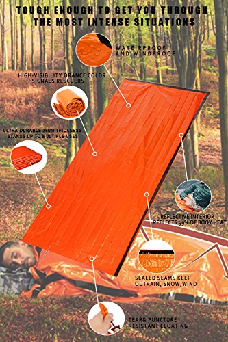 Shayson Saco de Emergencia Dormir,Aislamiento Térmico, Exterior Brillante Naranja Fácil de Localizar Portátil,para Acampar Supervivencia Al Aire Libre 1 Pack