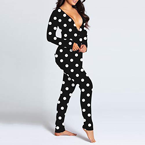 SHOBDW Pijama Sexy para Mujer Cuello En V con Botones Descubierta Pijama Una Pieza Onesies con Solapa Estampado Adolescentes Top Liquidación Venta（G，M）