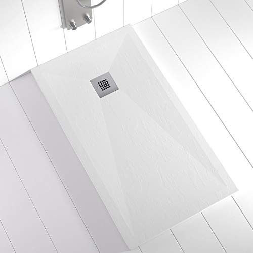Shower Online Plato de ducha Resina PLES - 70x80 - Textura Pizarra - Antideslizante - Todas las medidas disponibles - Incluye Rejilla Inox y Sifón - Blanco RAL 9003
