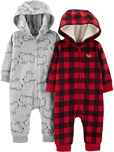 Simple Joys by Carter's 2-Pack Fleece Hooded Jumpsuits Mono Largo, Buffalo Plaid/Grey Bears, 24 Months