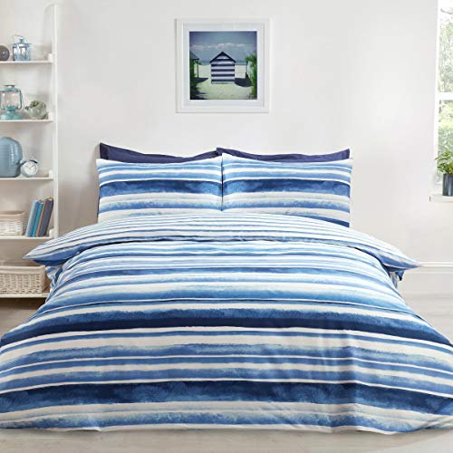 Sleepdown Juego de Funda de edredón Reversible con Fundas de Almohada, diseño de Rayas, Color Azul y Ultra Suave, de fácil Cuidado, hipoalergénico, 220 cm x 230 cm