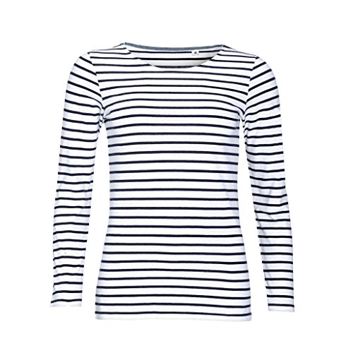 SOLS - Camiseta de manga larga con estampado de rayas modelo Marine para mujer (Mediana (M)/Blanco/Azul marino)