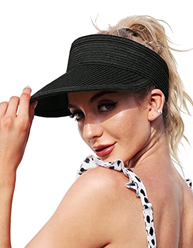 Sombreros de Playa Mujer Viseras de Sombrero de Paja Plegables enrollables de ala Ancha (Negro)