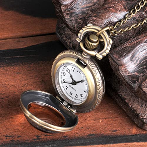 SOTUVO Collar Reloj de Bolsillo clásico de Concha de Cristal marrón Retro Europeo y Americano Reloj de Bolsillo pequeño Tallado en Cuarzo