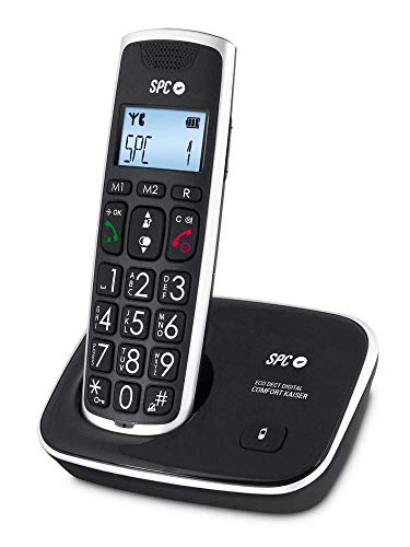 SPC Comfort Kaiser teléfono inalámbrico color negro con teclas y digitos grandes, compatible con audífonos, agenda de 20 nombres y números y manos libres