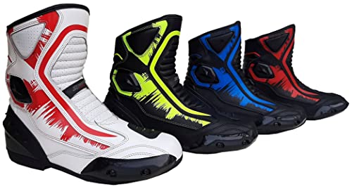 Speed MaxX Botas deportivas de cuero auténtico, color azul, rojo, Hiviz/blanco, para hombre, motocicleta, para motocicleta, color blanco, 12