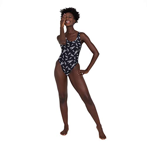 Speedo Allover Deep U-Back 1 Piece Swimsuit, Mujer, Black/White, 38 (UK 16)