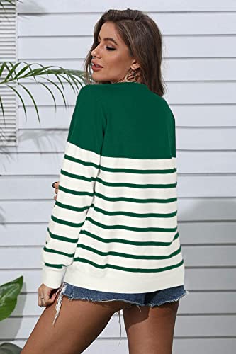 Sudadera de manga larga para mujer, informal, cuello redondo, diseño de rayas, verde, XL