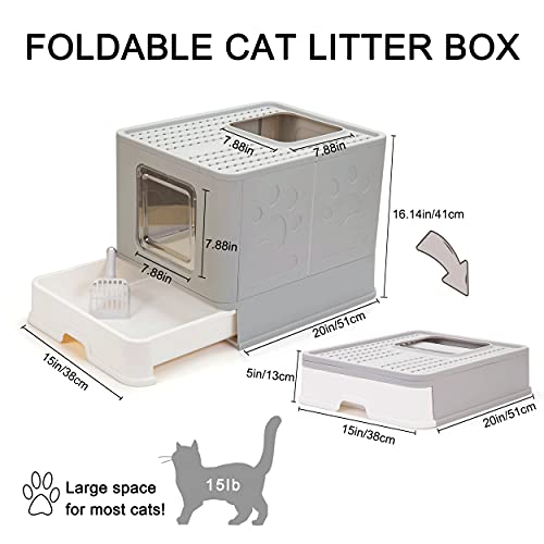 Suhaco Caja de Arena para Gatos con Tapa Bandeja de Arena para Gatos Plegable Grande con Inodoro para Mascotas de Entrada Superior Que Incluye Pala (Gris)