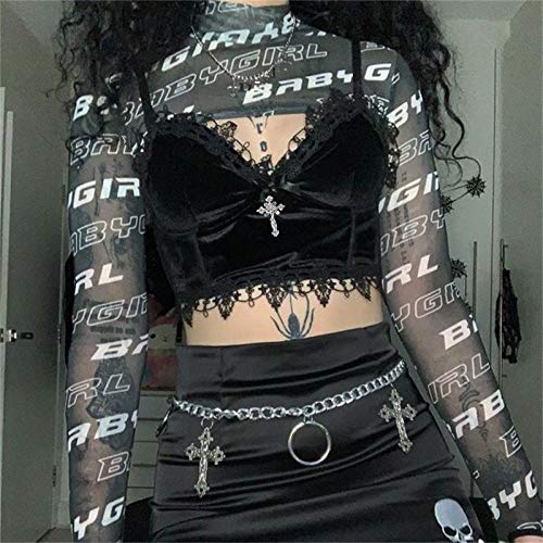 Summer Sling Goth Y2K Mujer Crop Top Chaleco de mujer Corsé Moda Encaje E-Girls Camiseta Top Punk Gótico Espaguetis Sin Tirantes Blusas Negro M