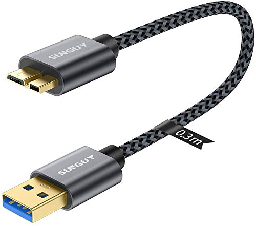 SUNGUY Cable USB 3.0 Micro B, 0,3M Tipo A a Micro B Macho Cable de Disco Duro de para Seagate, Toshiba Canvio, Western Digital (WD), My Passport y Elements, Cable de Carga USB para Galaxy S5, Note 3