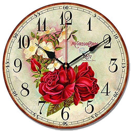S.W.H Reloj de pared Shabby Chic Romántico Flores de Rosa Reloj de Pared Vintage Silencioso de Madera para Decoración del Hogar 30,5 cm