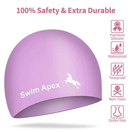 Swim Apex Gorro de natación para Pelo Largo (2 Unidades), de Silicona Duradera para Mujeres, Hombres, Adultos, jóvenes, niños, fáciles de Poner y Quitar, Cubre Orejas, Rosa y púrpura