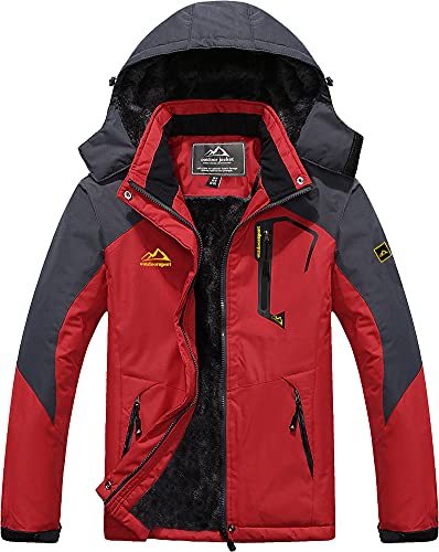 TACVASEN Skiing Jackets Men Waterproof Snowboarding Fleece Thermal Jacket Casual Outdoor Soft Shell Jackets with Zipper Hood Sportswear Red