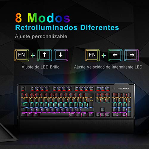 TECKNET Teclado Mecánico Gaming Teclado Gaming Español Switches Marrón Led Multicolor con 8 Modos de iluminación, 105 Teclas 100% Anti-ghosting, Reposa-Muñecas Removible