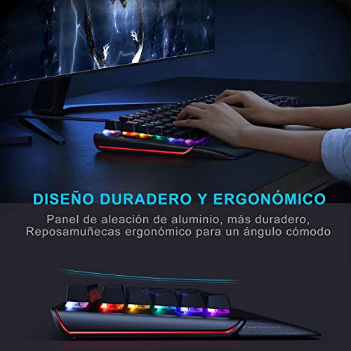 TECKNET Teclado Mecánico Gaming Teclado Gaming Español Switches Marrón Led Multicolor con 8 Modos de iluminación, 105 Teclas 100% Anti-ghosting, Reposa-Muñecas Removible