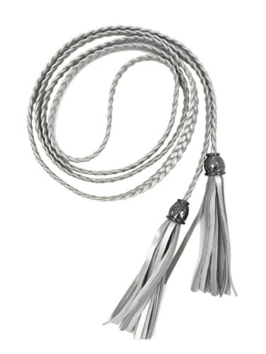 TeeYee Mujeres PU cuero exótico tejido cintura cinturón/cuerda/cadena con borla (plata, L)