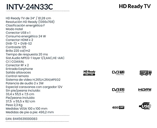 Televisor INFINITON INTV-24N33C - LED, 24", HD Ready. HDMI, USB, 400 CMP, Especial Caravanas 12V