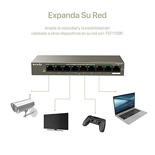 Tenda PoE Switch Ethernet TEF1109P-8-63W, 9 Puerto 10/100Mbps, 8 Puertos PoE(63W), IEEE 802.3af/at, 6KV Protección contra Rayos, 250M Distancia Transmisión, No Requiere Configuración, Metálica, Gris