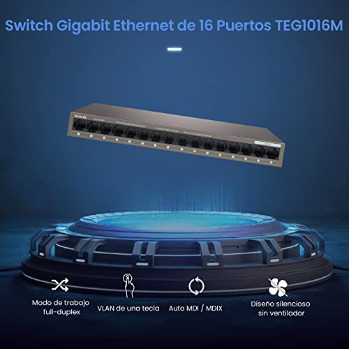Tenda TEG1016M Switch Ethernet Gigabit, 16 Puerto 10/100/1000Mbps, Una Clave Vlan,Protección contra Rayos, Escritorio o de Montaje en Pared, Plug & Play, No Requiere Configuración, Silencio, Metal