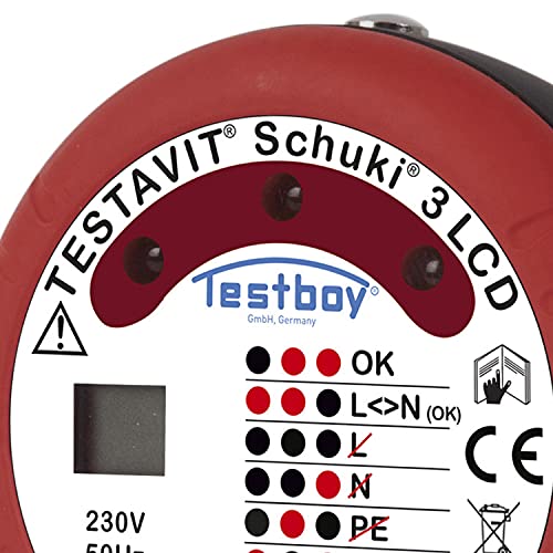 Testboy Testavit Schuki 3LCD comprobador de enchufes con contacto para la comprobación de la conexión del conductor de protección/tierra (indicación por LEDs, comprobación segura) rojo/negro