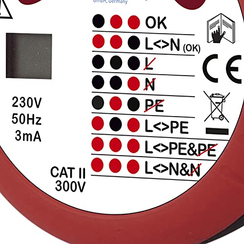 Testboy Testavit Schuki 3LCD comprobador de enchufes con contacto para la comprobación de la conexión del conductor de protección/tierra (indicación por LEDs, comprobación segura) rojo/negro