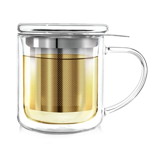 Tetera individual Teabloom (240 ml) - Taza de vidrio de doble pared con infusor y tapa para preparar una sola taza de té