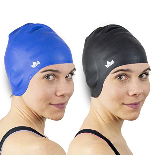 The Friendly Swede Pack de 2 Gorros de Natación de Silicona para Nadadores con Pelo Largo - GARANTÍA DE por Vida (Negro + Azul)