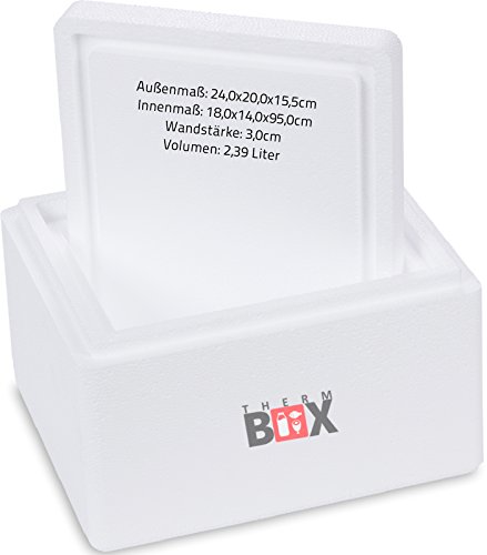 THERM-BOX Caja térmica de espuma de poliestireno Caja térmica para alimentos y bebidas - Enfriador y calentador de espuma de poliestireno (24x20x15,5cm - 2,39L de volumen) Reutilizable