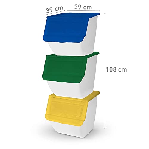 TIENDA EURASIA® Cubo de Basura para Reciclaje - Pack 3 Cubos de Basura de Cocina para Reciclar Apliables - 36L - (Papel - Vidrio - Plástico) (Blanco)