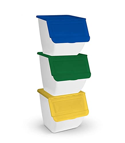 TIENDA EURASIA® Cubo de Basura para Reciclaje - Pack 3 Cubos de Basura de Cocina para Reciclar Apliables - 36L - (Papel - Vidrio - Plástico) (Blanco)