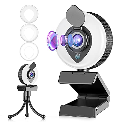 Tisoutec Webcam y trípode,Full HD 1080P 110°Campo de visión USB Camara con Microfono, Ringlicht，Panel de Cubierta por Zoom/Skype/Facetime/Teams,PC Mac Laptop Desktop