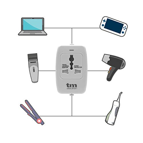 TM Electron TMUAD021 Adaptador de Corriente Universal de Viaje, 4 configuraciones de enchufes, Compatible con más de 160 países y protección sobretensión