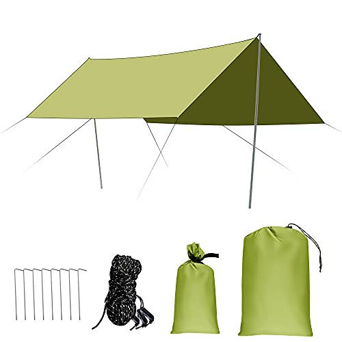 Toldo Camping Impermeable, 3x3M Ripstop Rain Tarp Beach Tent de Tela Oxford Impermeable de 2000 mm Hamaca Tienda de Campaña con Accesorios Protector Aolar Anti-Viento para Acampar Senderismo,Verde